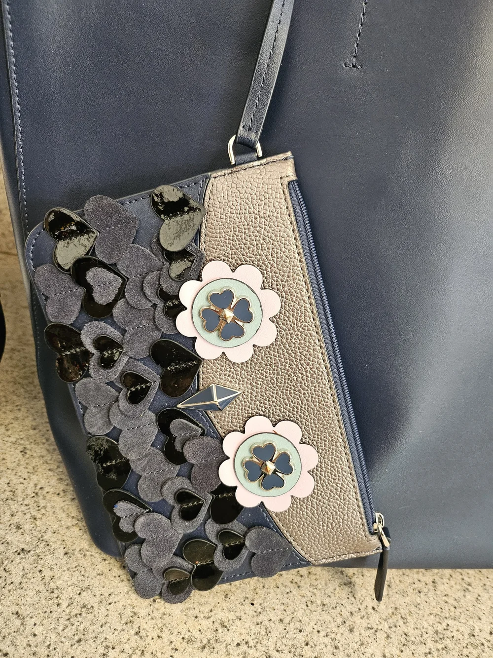 kate spade New York Navy & Pink Leather Tote with Floral Wristlet
